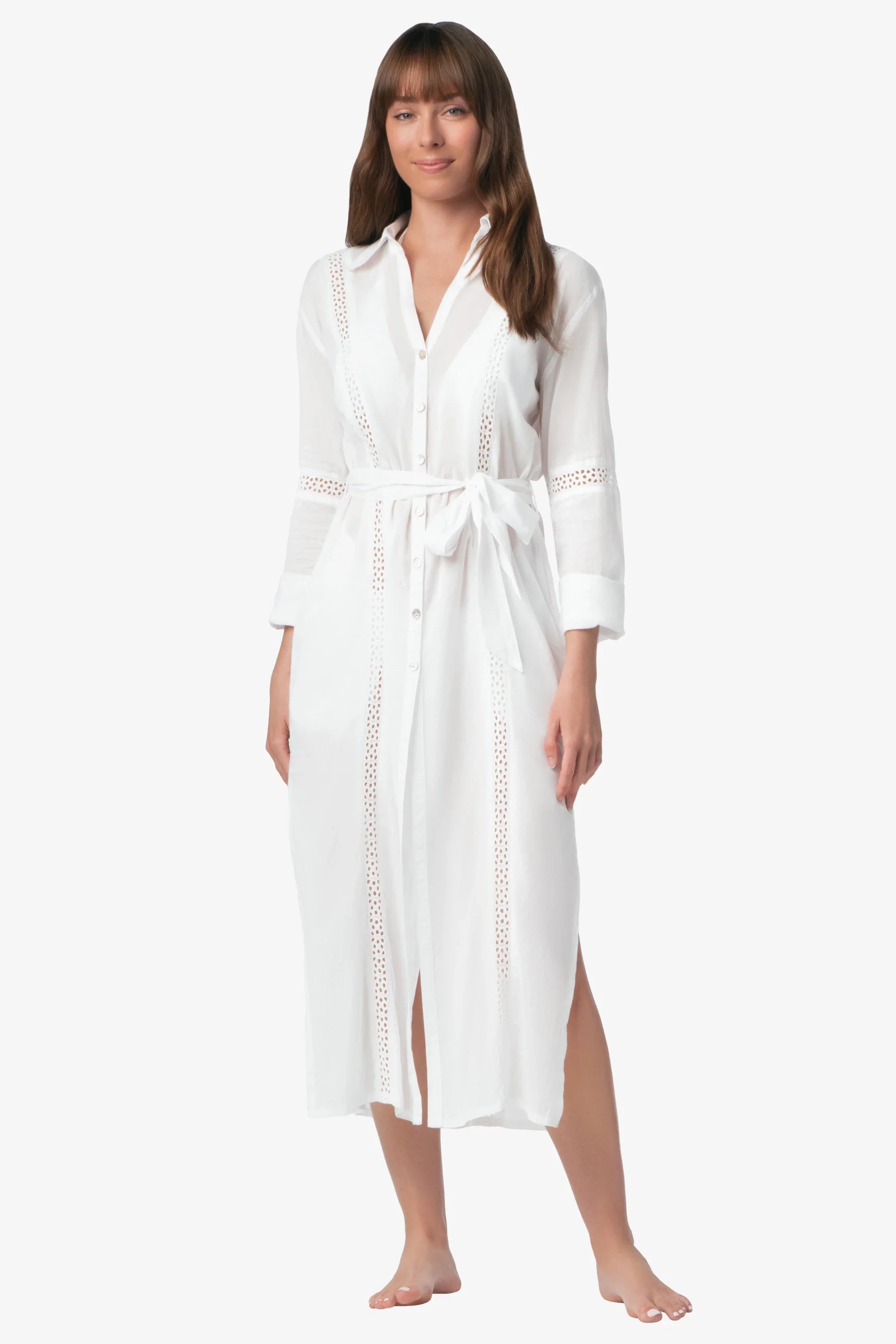 Eyelet Trim Long Shirt Dress | White