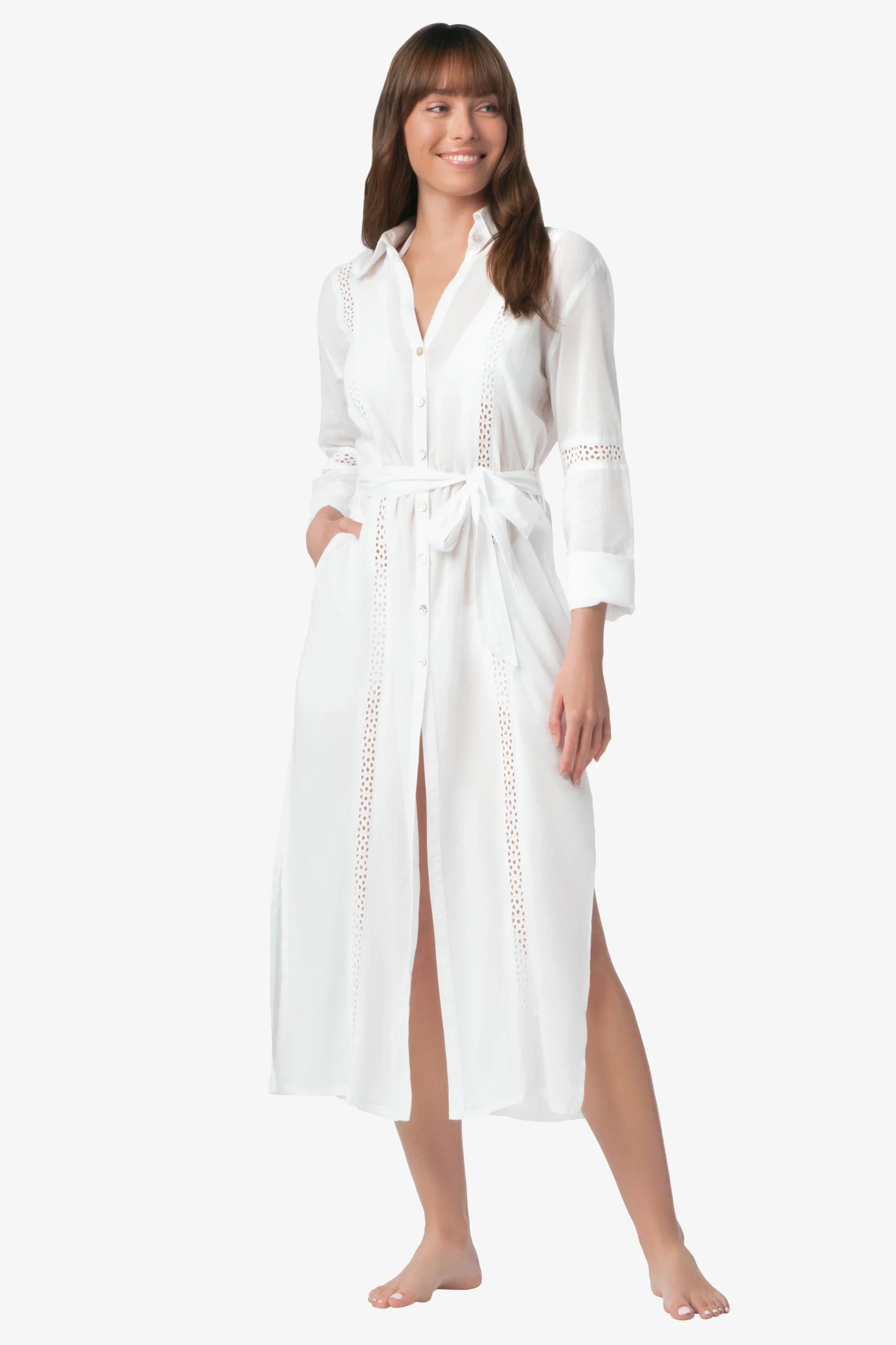 Eyelet Trim Long Shirt Dress | White