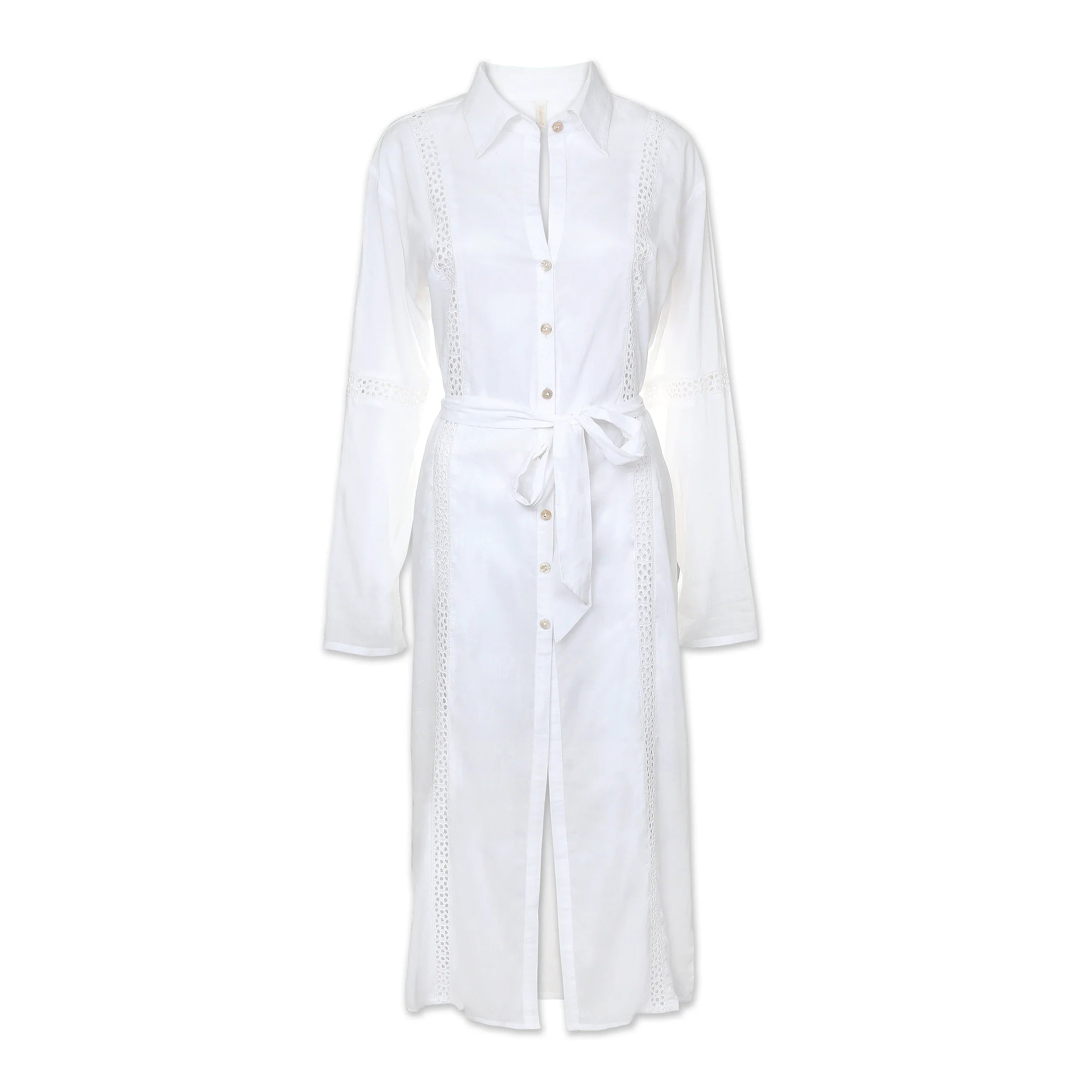 Eyelet Trim Long Shirt Dress | White